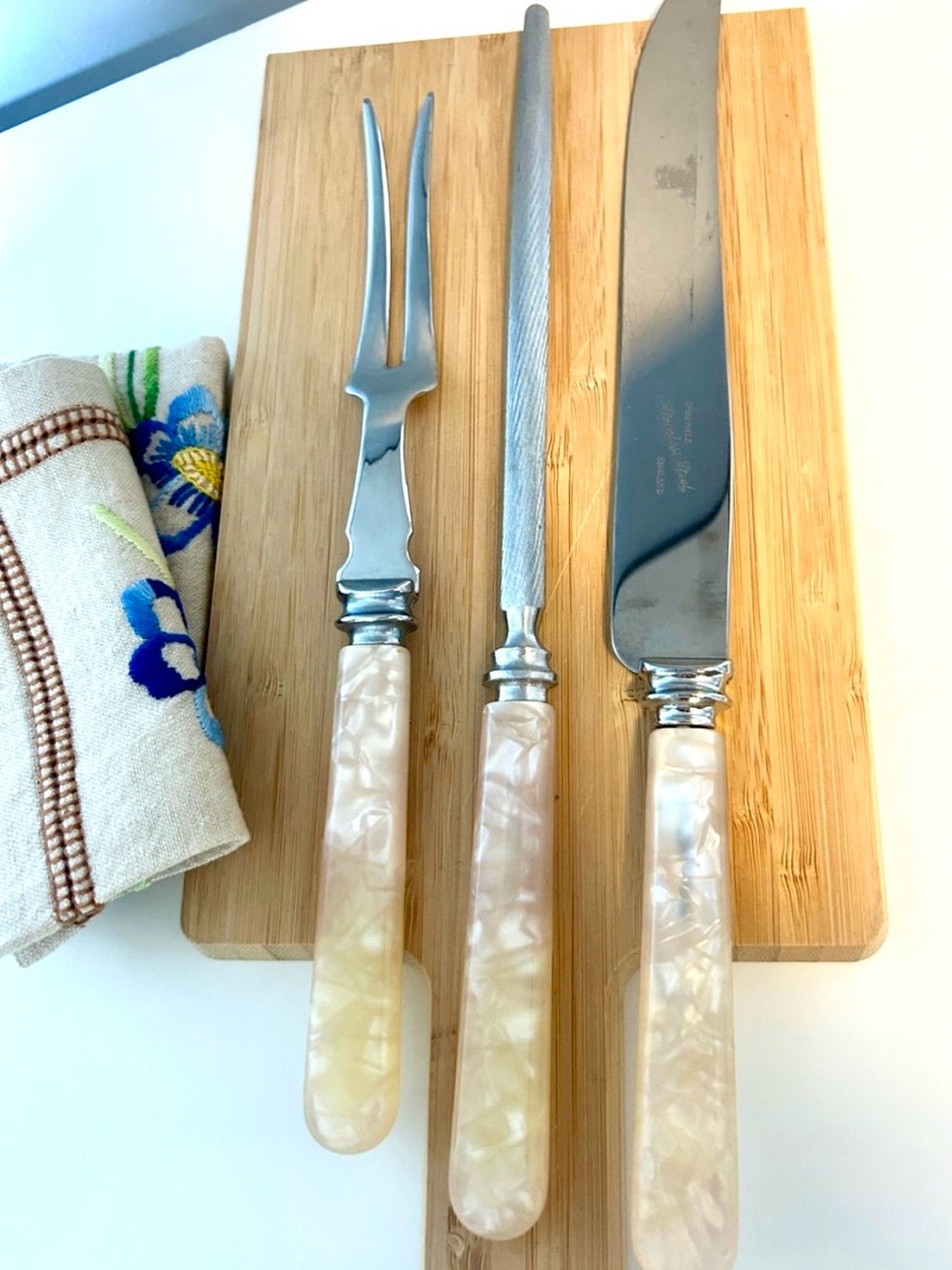 Vintage Sheffield England Carving Set Faux Pearl Handles